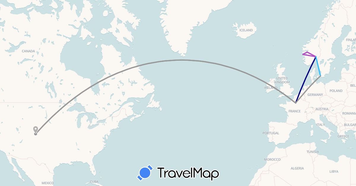 TravelMap itinerary: driving, plane, train, boat in Denmark, France, Norway, United States (Europe, North America)